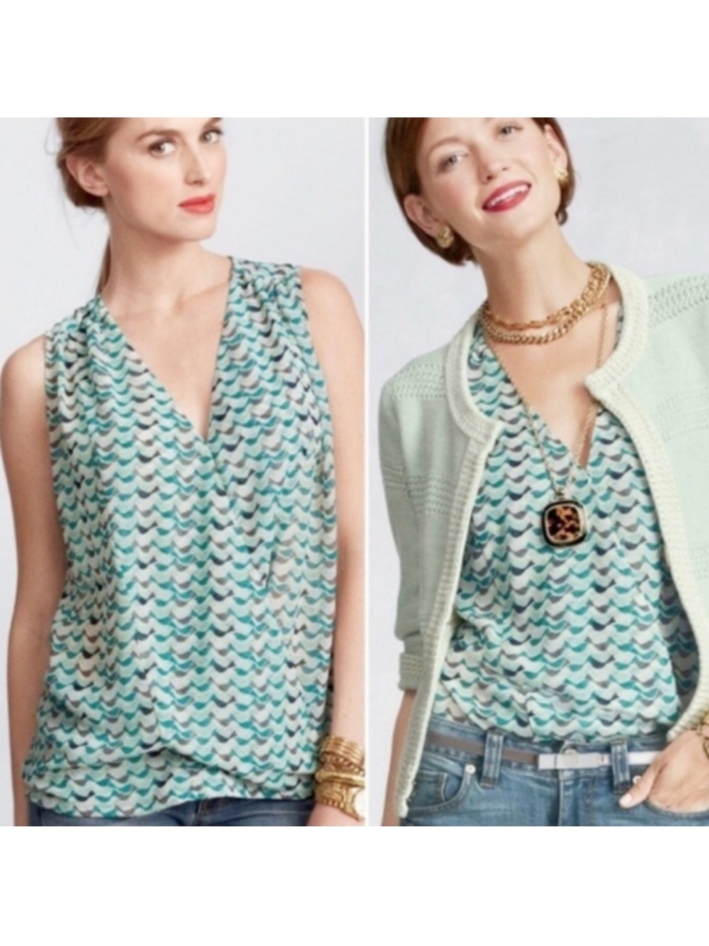 Cabi Tweet Bird Faux Wrap Sleeveless Blouse. Size small.
